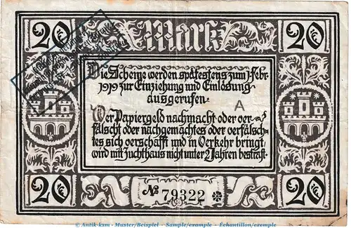 Notgeld Stadt Freiburg , 20 Mark -verlängert- in gbr. Müller 1565.2 von 1922 , Baden Grossnotgeld