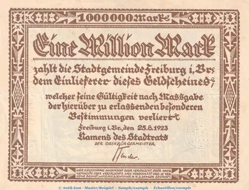 Notgeld Stadt Freiburg i.Br. 1 Million Mark Schein in gbr. Keller 1589.b-c von 1923 , Baden Inflation