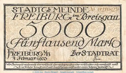 Notgeld Stadt Freiburg , 5.000 Mark Schein in gbr. Müller 1565.5 , von 1922 , Baden Grossnotgeld