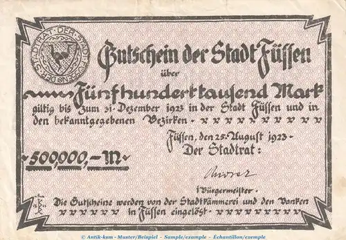 Notgeld Stadt Füssen , 500.000 Mark Schein in gbr. Keller 1657.a von 1923 , Bayern Inflation