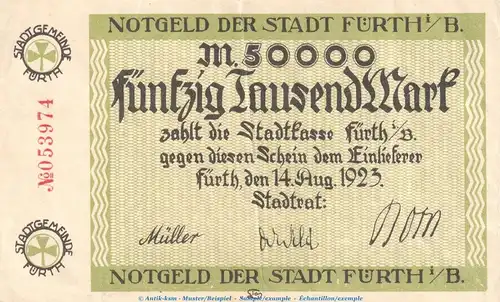 Notgeld Stadt Fürth , 50.000 Mark Schein in gbr. Keller 1654.b von 1923 , Bayern Inflation