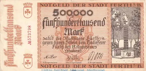 Notgeld Stadt Fürth , 500.000 Mark Schein in gbr. Keller 1654.d von 1923 , Bayern Inflation