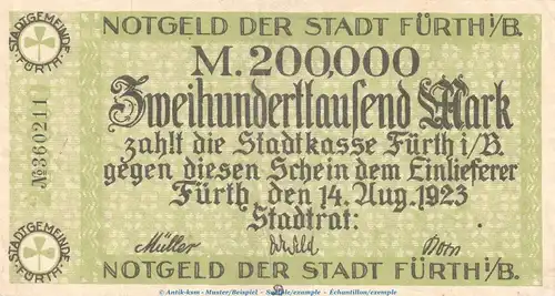 Notgeld Stadt Fürth , 200.000 Mark Schein in gbr. Keller 1654.a von 1923 , Bayern Inflation