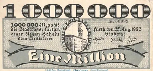 Notgeld Stadt Fürth , 1 Million Mark Schein in gbr. Keller 1654.e von 1923 , Bayern Inflation