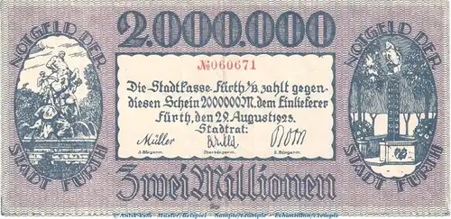 Notgeld Stadt Fürth , 2 Millionen Mark Schein in gbr. Keller 1654.f von 1923 , Bayern Inflation