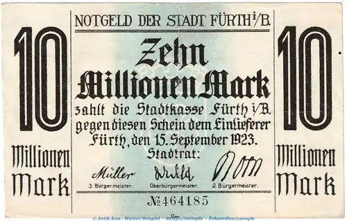 Notgeld Stadt Fürth , 10 Millionen Mark Schein in gbr. Keller 1654.g von 1923 , Bayern Inflation