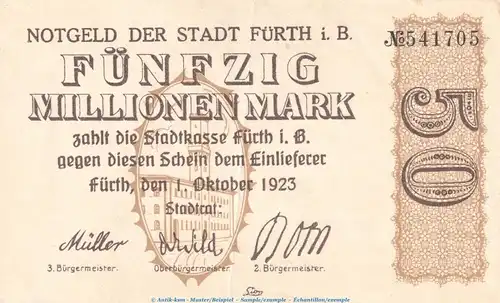Notgeld Stadt Fürth , 50 Millionen Mark Schein in gbr. Keller 1654.h von 1923 , Bayern Inflation