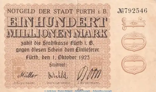 Notgeld Stadt Fürth , 100 Millionen Mark Schein in gbr. Keller 1654.h von 1923 , Bayern Inflation
