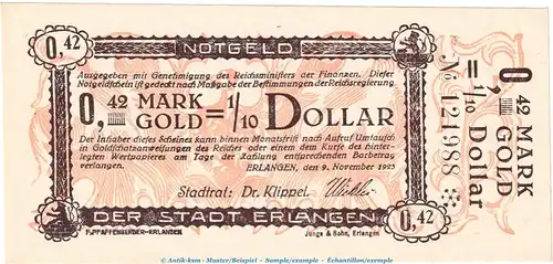 Notgeld Stadt Erlangen , 0,42 Gold Mark Schein in kfr. Müller 1595.1 von 1923 , Bayern wertbeständiges Notgeld