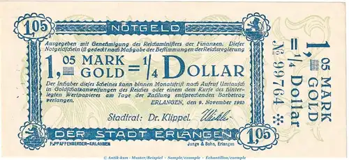Notgeld Stadt Erlangen , 1,05 Gold Mark Schein in kfr. Müller 1595.2 von 1923 , Bayern wertbeständiges Notgeld