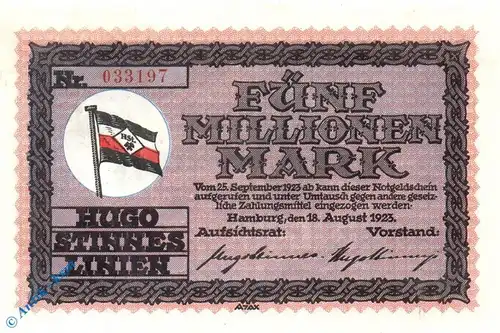 Notgeld Hamburg , Stinnes Linien , 5 Millionen Mark Schein , Keller 2135 a , 18.08.1923 , Hamburg Großnotgeld