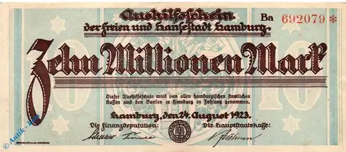 Hamburg , Banknote 10 Millionen Mark Schein L-gbr. Keller 2109... Hamburg 1923 Inflation
