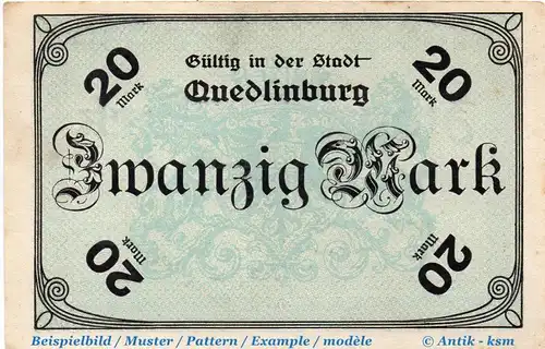 Banknote Quedlinburg , 20 Mark Schein in kfr. Geiger 430.03.a , Oktober 1918 , Provinz Sachsen Großnotgeld