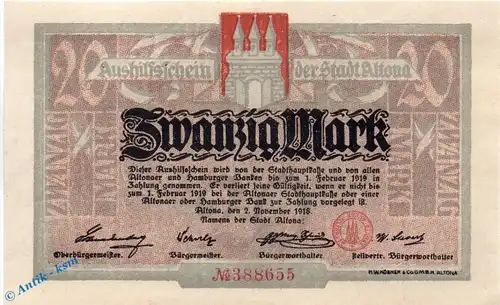 Banknote Altona , 20 Mark Schein in kfr. Geiger 012.10.a , 02.11.1918 , Schleswig Holstein Großnotgeld
