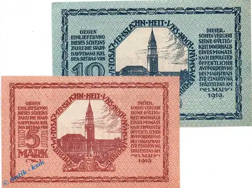 Banknote Kiel , 5 und 10 Mark Schein in kfr. Geiger 270.03 und 04 , 15.10.1918 , Schleswig Holstein Großnotgeld