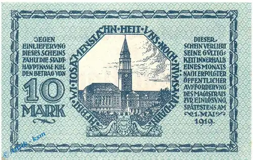 Banknote Kiel , 10 Mark Schein in kfr. Geiger 270.04 , 15.10.1918 , Schleswig Holstein Großnotgeld