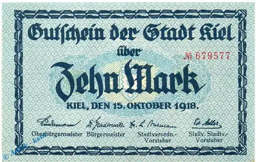 Banknote Kiel , 10 Mark Schein in kfr. Geiger 270.04 , 15.10.1918 , Schleswig Holstein Großnotgeld