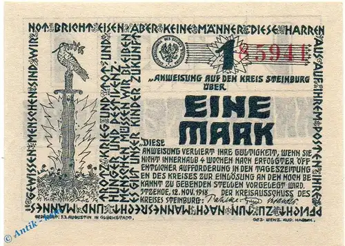 Banknote Steinburg , 1 Mark Schein in kfr. Geiger 508.01 , 12.11.1918 , Schleswig Holstein Großnotgeld