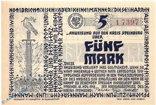 Banknote Steinburg , 5 Mark Schein in kfr. Geiger 508.03 , 12.11.1918 , Schleswig Holstein Großnotgeld