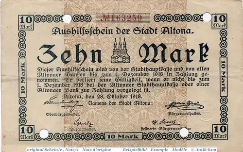 Banknote Altona , 10 Mark Schein in gbr.E , Geiger 012.03 , 28.10.1918 , Schleswig Holstein Großnotgeld