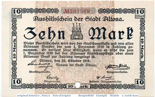 Banknote Altona , 10 Mark Schein in kfr.E , Geiger 012.02 , 28.10.1918 , Schleswig Holstein Großnotgeld