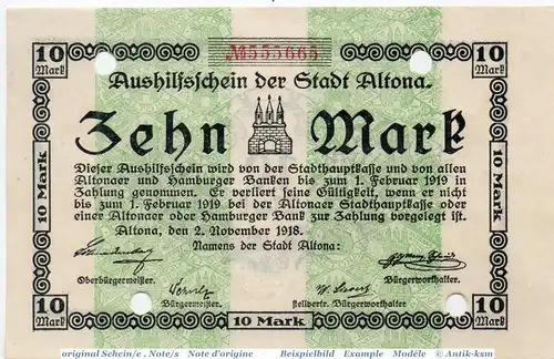 Banknote Altona , 10 Mark Schein in f-kfr.E , Geiger 012.06 , 02.11.1918 , Schleswig Holstein Großnotgeld