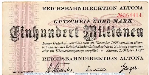 Banknote Altona , Reichsbahn , 100 Millionen Mark Schein in gbr. Keller 80.i , 01.10.1923 , Schleswig Holstein Inflation