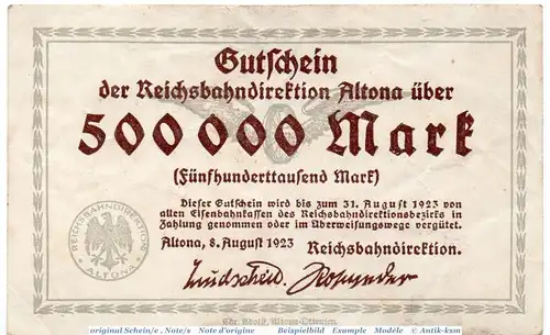 Altona , Banknote 500.000 Mark Schein in gbr. Keller 80.b-c , Schleswig Holstein 1923 Grossnotgeld Inflation