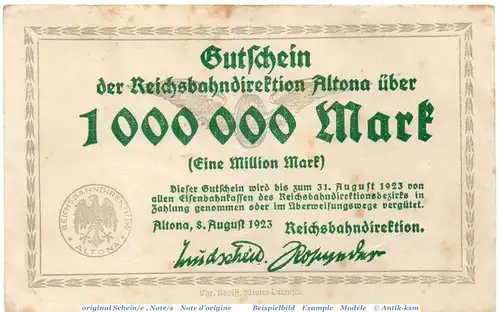 Banknote Altona , Reichsbahn , 1 Millionen Mark Schein in gbr. Keller 80.d , 08.08.1923 , Schleswig Holstein Inflation