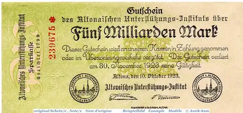 Banknote Altona , Institut , 5 Milliarden Mark Schein in kfr. Keller 81.e , 10.10.1923 , Schleswig Holstein Großnotgeld Inflation