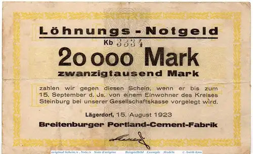 Banknote Lägerdorf , Breitenburger , 20.000 Mark Schein in gbr. Keller 2865 , 15.08.1923 , Schleswig Holstein Großnotgeld Inflation