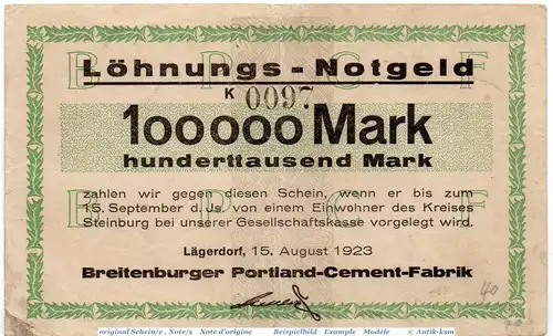 Banknote Lägerdorf , Breitenburger , 100.000 Mark Schein in gbr. Keller 2865 , 15.08.1923 , Schleswig Holstein Großnotgeld Inflation