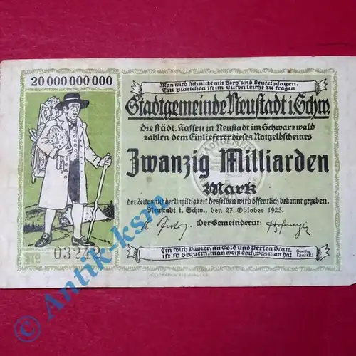Großnotgeld Stadtgemeinde Neustadt , 20 Milliarden Mark Scheinen vom 27.10.1923 , Baden Württemberg