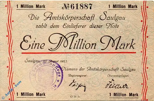 Notgeld Saulgau , Amtskörperschaft , 1 Million Mark Schein , Keller 4726 a , 27.08.1923 , Württemberg Großnotgeld