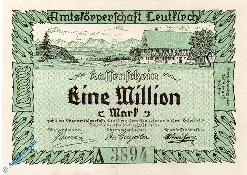Notgeld Leutkirch , Amtskörperschaft , 1 Millionen Mark Schein kfr , Keller 3241.a , 20.08.1923 , Württemberg Großnotgeld