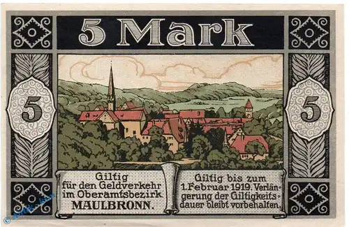 Notgeld Maulbronn , 5 Mark Schein in kfr. E , Geiger 352.01.a , 31.12.1918 , Württemberg Großnotgeld