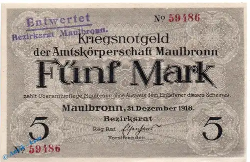 Notgeld Maulbronn , 5 Mark Schein in kfr. E , Geiger 352.01.a , 31.12.1918 , Württemberg Großnotgeld