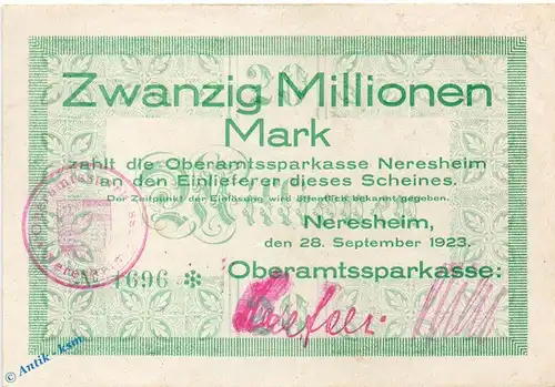 Banknote Neresheim , 20 Millionen Mark Schein in f-kfr. Keller 3758.a , 28.09.1923 , Württemberg Großnotgeld