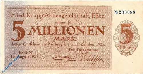 Notgeld Essen , Krupp , 5 Millionen Mark Schein , Keller 1429 m , 14.08.1923 , Rheinland Großnotgeld