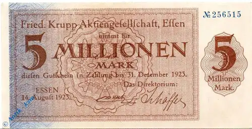 Notgeld Essen , Krupp , 5 Millionen Mark Schein , Keller 1429 m , 14.08.1923 , Rheinland Großnotgeld