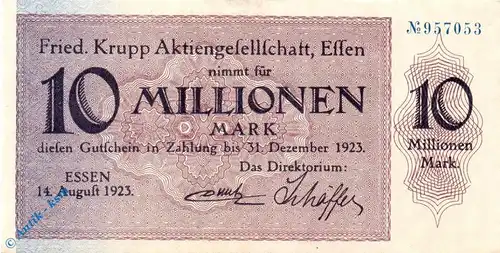 Notgeld Essen , Krupp , 10 Millionen Mark Schein , Keller 1429 m , 14.08.1923 , Rheinland Großnotgeld
