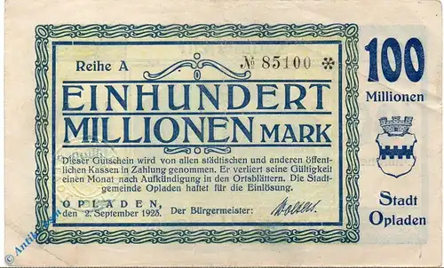 Notgeld Opladen , 100 Millionen Mark Schein , Keller 4178 c , 02.09.1923 , Rheinland Großnotgeld