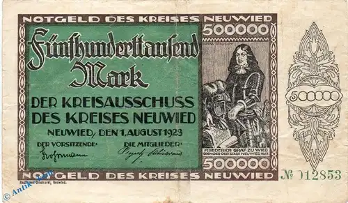 Banknote Neuwied , Kreis , 500.000 Mark Schein in gbr. Keller 3902.d , 01.08.1923 , Rheinland Großnotgeld Inflation