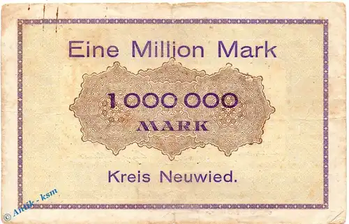 Banknote Neuwied , Kreis , 1 Million Mark Schein in gbr. Keller 3903.g , 01.08.1923 , Rheinland Großnotgeld Inflation