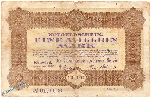 Banknote Neuwied , Kreis , 1 Million Mark Schein in gbr. Keller 3903.g , 01.08.1923 , Rheinland Großnotgeld Inflation