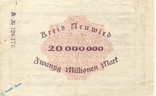 Neuwied , Notgeld 20 Millionen Mark Schein in gbr. Keller 3903.ff-hh , Rheinland 1923 Grossnotgeld Inflation