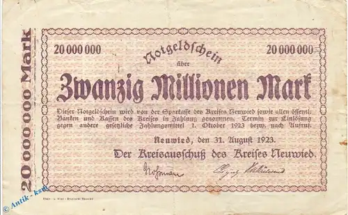 Neuwied , Notgeld 20 Millionen Mark Schein in gbr. Keller 3903.ff-hh , Rheinland 1923 Grossnotgeld Inflation