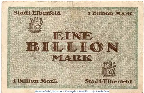 Banknote Elberfeld , 1 Billion Mark Schein in gbr. Dreiecke , Keller 1294.bb , 6.11.1923 , Rheinland Großnotgeld