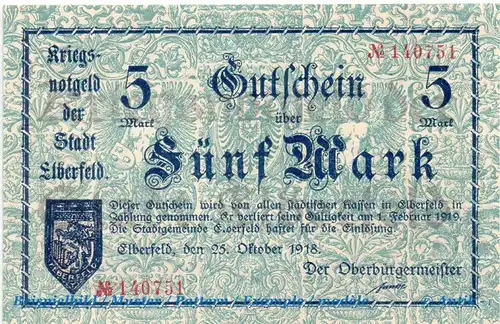 Elberfeld , Notgeld 5 Mark Schein in kfr. Geiger 124.01 , Rheinland 1918 Großnotgeld