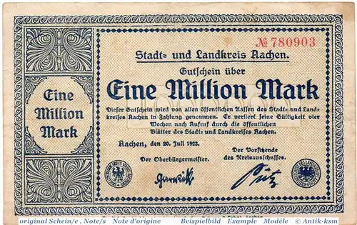 Banknote Aachen , 1 Million Mark Schein in gbr. Keller 1.d , 20.07.1923 , Rheinland Großnotgeld Inflation